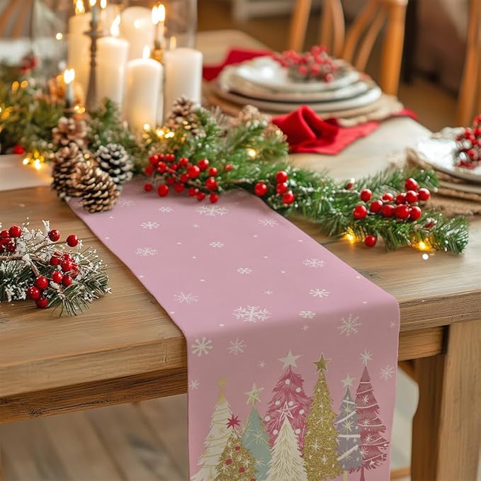 GEEORY Christmas Table Runner 13x72 Inch, Xmas Trees Snowflakes Holiday Decorative Farmhouse Table Decoration for Kitchen Dinning, Indoor Outdoor Dinner Party Decor (Pink) GT153-72