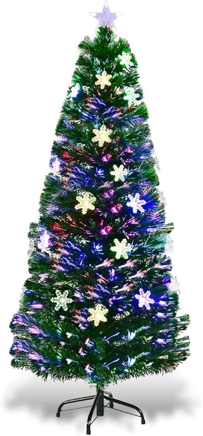 Happygrill 5FT Pre-lit Christmas Tree Fiber Optic Christmas Tree Artificial Spruce Tree Green Xmas Tree with Star Lights, Metal Stand, Full Xmas Tree for Holiday Decoration