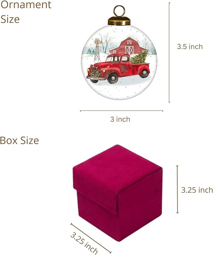 Red Truck Ornament with Tree and Barn – Farmhouse Christmas Decor –Hand-Painted Glass Vintage Red Truck Ornament for Christmas Tree
