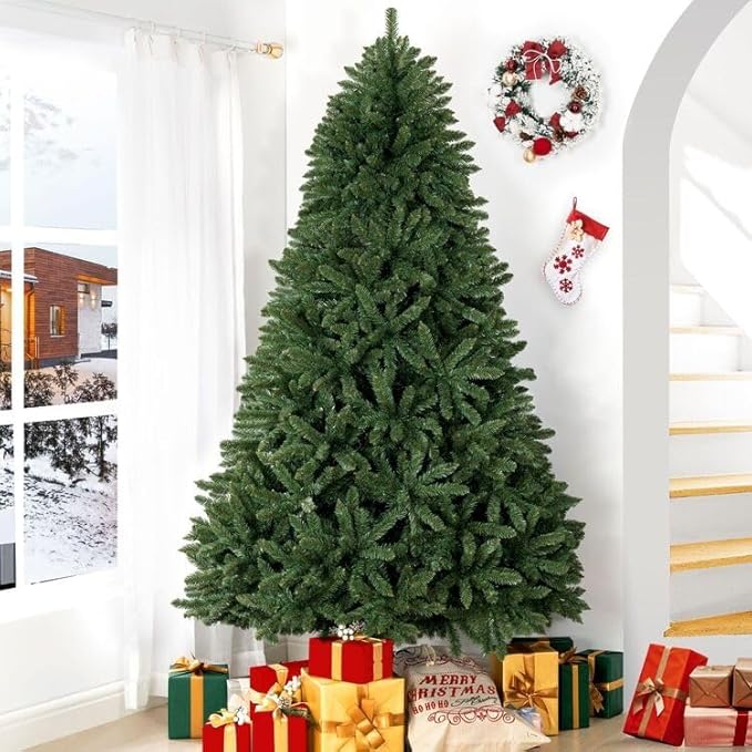Naomi Home 7.5ft Christmas Tree with Lights Realistic Spruce Christmas Tree Prelit with Foot Pedal 1717 Branch Tips 550 Warm Lights and Metal Stand Aritificial Tree arbol De Navidad