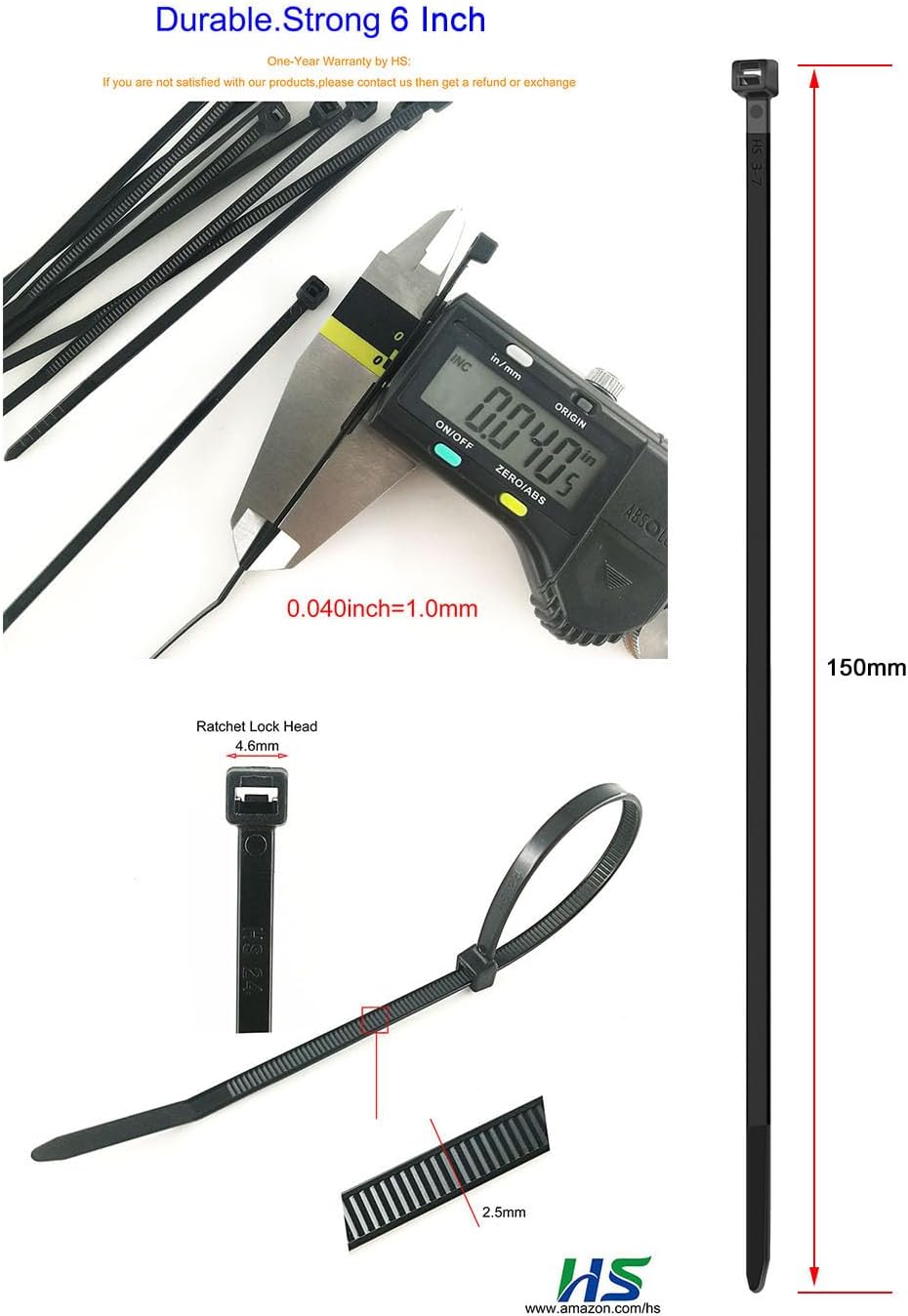 HS 6 Inch Zip Ties Black 18 Lbs Tensile Strength Thin Straps (100 Pack) Nylon PA66 UV Resistant,Self-Locking Small Electrical Plastic Cable Wire Zipties for Outdoor Indoor Use,Multi Purpose