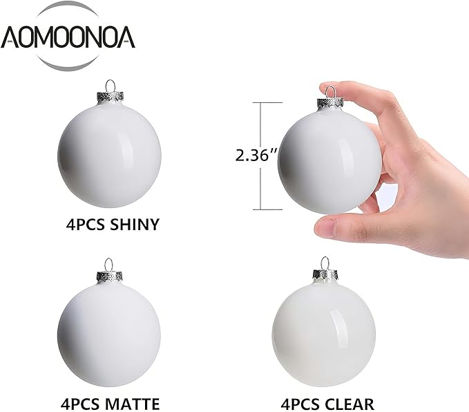 White Glass Christmas Ball Ornaments for Tree, 2.36” Christmas Hanging Ornaments Set of 12 Xmas Baubles for Holiday Party Xmas Tree Decorations Gifts