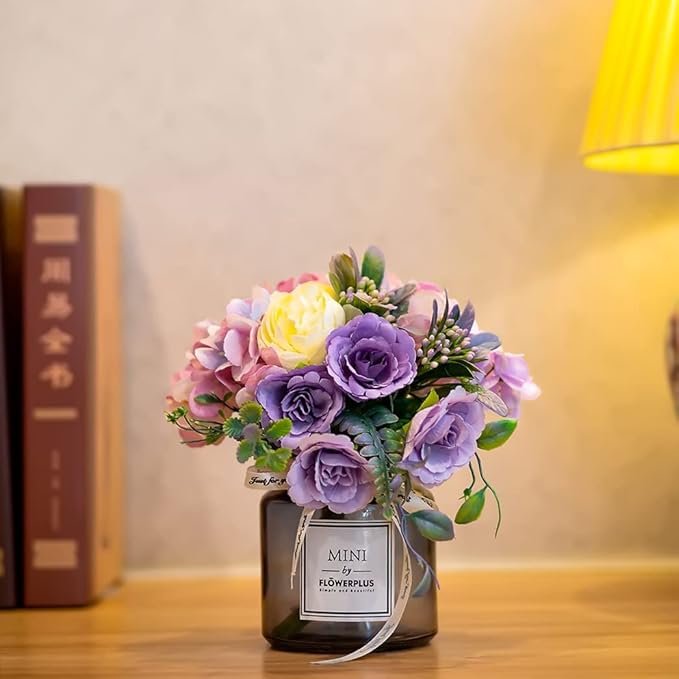 Artificial Rose Flower Bouquet Set, Hydrangea Hand Bouquet and vase, Ins Style Artificial Flower Set（Purple）