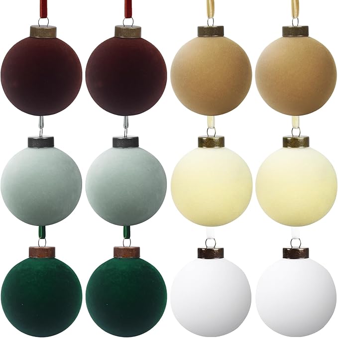 12 Pcs Velvet Christmas Balls Bulk Shatterproof Plastic Christmas Tree Decorations for Decorative Hanging Baubles (12, Coffee、White、Haze Blue、Beige、Blackish Green、Khaki, 3.94Inch)