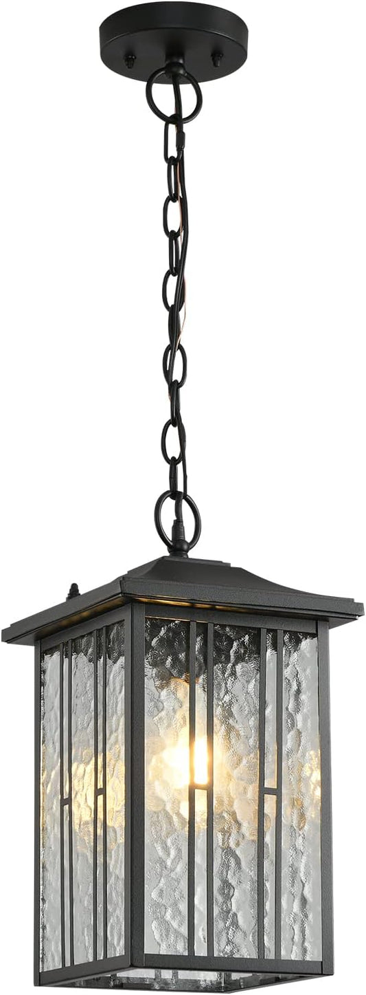 Outdoor Pendant Light, Black Exterior Hanging Lights, LED Outdoor Chandelier, Modern Hanging Lantern for Porch, Ceiling Entry Porch Patio Matte Black with Water-Rippled Glasses