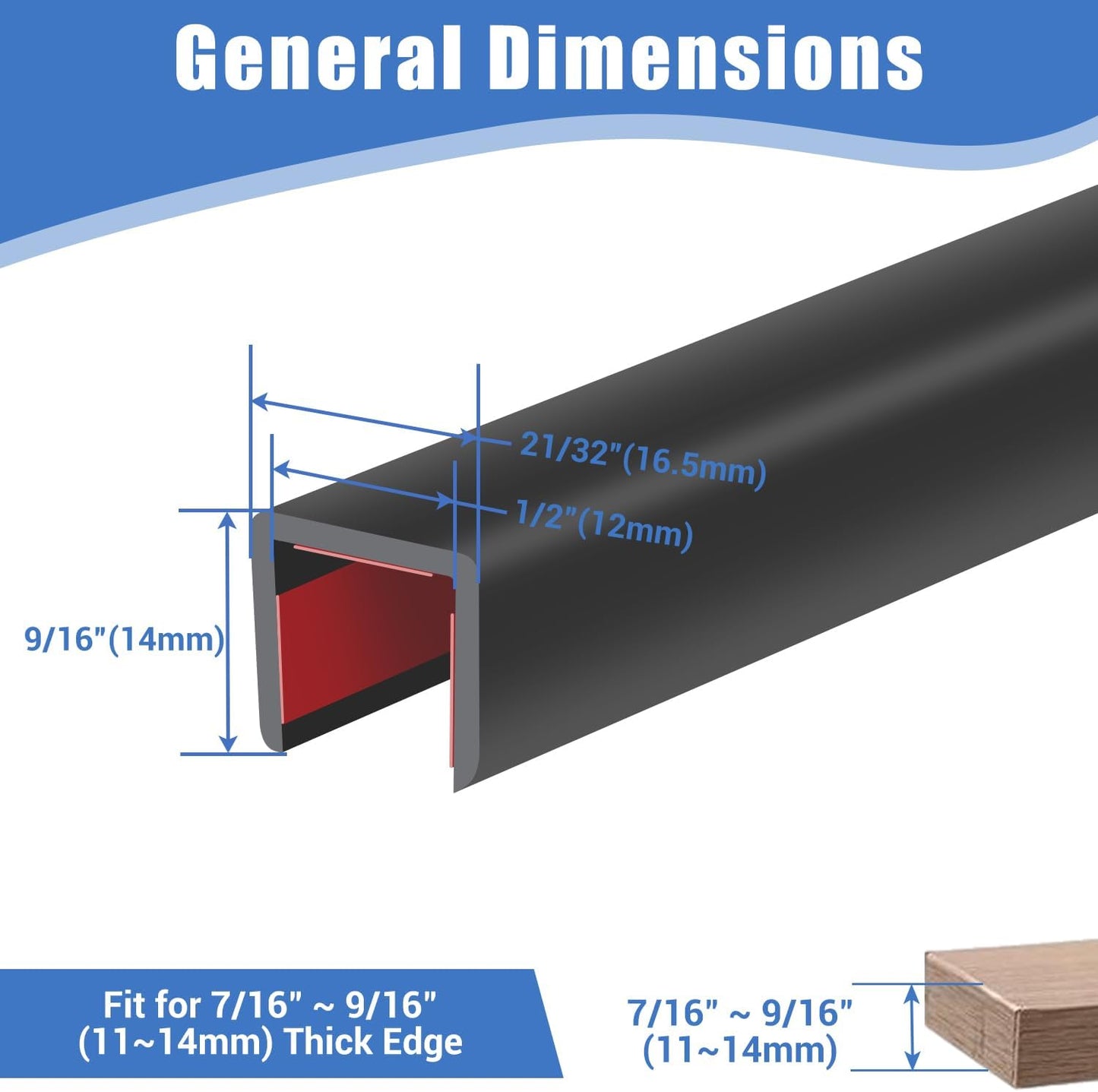 Rubber Edge Trim, Self-Adhesive U Channel Edge Protector for Plywood, Cabinet, 1/2" Wood Edge Banding, Flexible Furniture Repair, EPDM Material, Fit 1/2"(12mm), Length 10Ft, Black