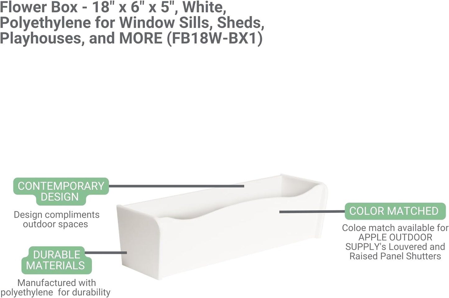 Flower Box 18" x 6" x 5" Gray Polyethlene for Window Sills, Sheds, and Playhouses, 1 PK (FB18GY-BX1)