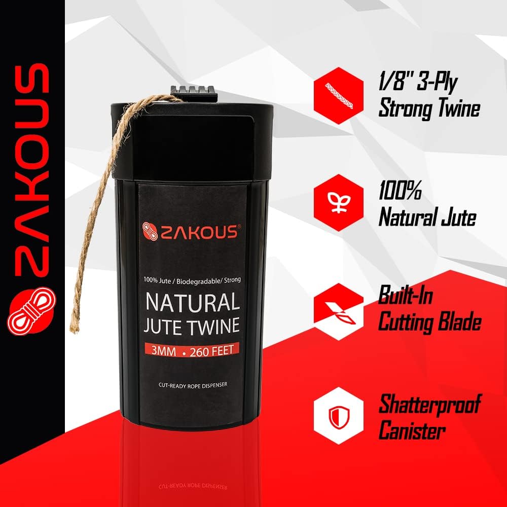 Cut-Ready Rope Canister with 260 Feet Non-Tangle Natural Jute Twine, 3MM Strong Twine String for Crafts, Gift Wrapping, Packing, Gardening and Wedding Decor(3mm x 260ft)