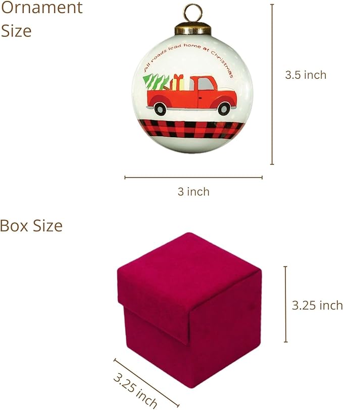 Red Truck Christmas Ornament – Hand-Painted Glass Ornament with Black Red Plaid – Vintage Red Truck Christmas Decor for Christmas Tree