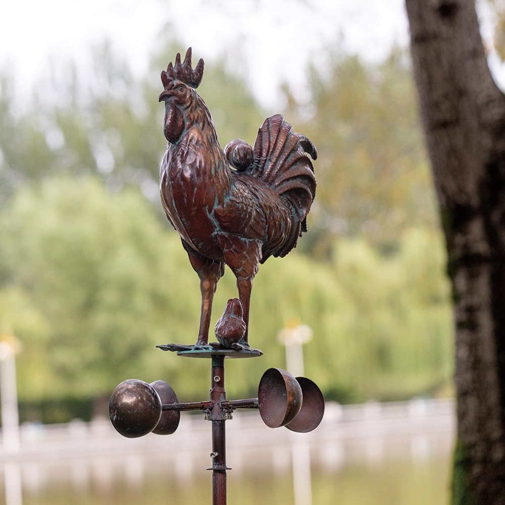 Metal Rooster w/Chicks Sculptures Statues,Outdoor Garden Yard Decor,79" Large Metal Kinetic Wind Spinners Outdoor Decorations,Antique Outdoor Chicken Garden Spinner Decor with Stake