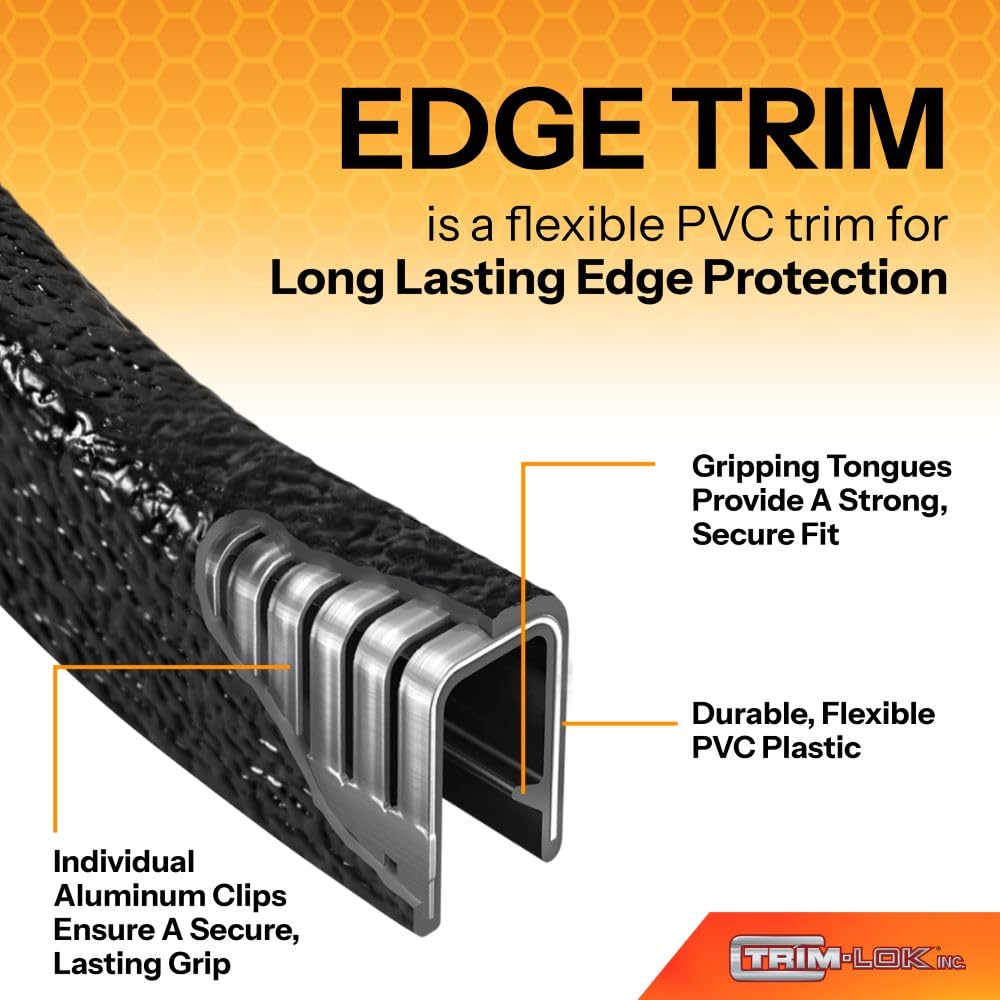 TRIM-LOK Edge Trim - Fits 1/16" Edge, 9/16” Leg Length, 100’ Length - Dual Gripping Fingers - Black, Pebble Texture - Flexible PVC Edge Protector