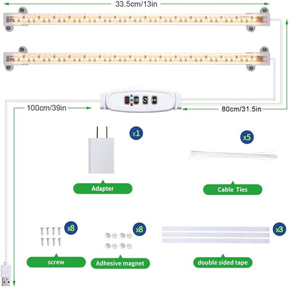 LED Grow Light Strips, 13 Inches Grow Lights for Indoor Plants Full Spectrum 3500K, 96 LEDs Plant Light with 3/9/12H Timer, 10 Dimmable Levels for Seedling Succulent, 2 Head