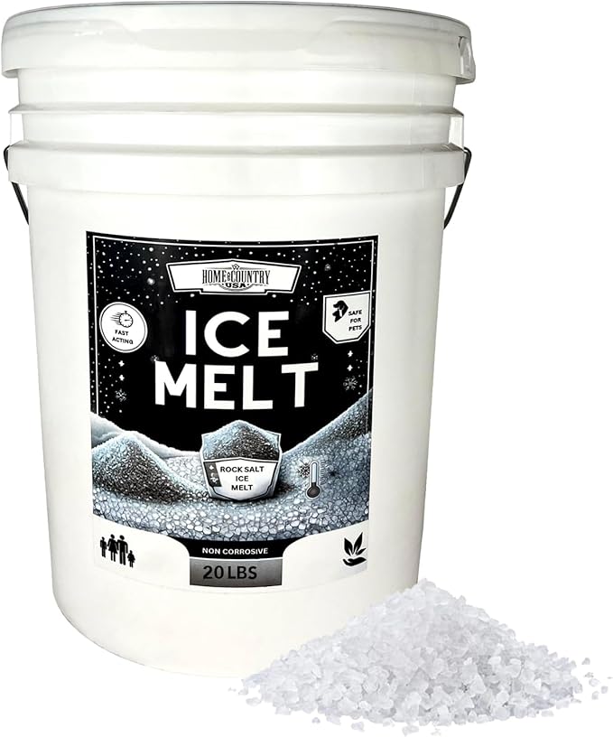 Rock Salt Ice Melt Pail Effective to -25°F, Eco-Friendly De-Icer, Optimal Granule Size for Quick Melting, Ideal for Driveways, Walkways, and Entryways (20 lb)