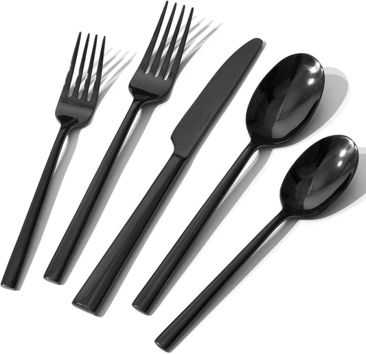 KINGSTONE Black Silverware Set, 60-Piece Forged Flatware Set Cutlery Set Premium Stainless Steel, Service for 12, for Kitchen, Home, Wedding, Party, Mirror Polished and Dishwasher Safe