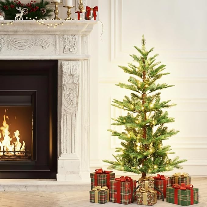 4FT Prelit Artificial Christmas Tree, Premium Douglas Fir Christmas Tree with 100 Warm White Lights & 298 Branch Tips, PE & PVC Pre Lit Hinged Xmas Trees with Metal Base for Party, Holiday Decoration