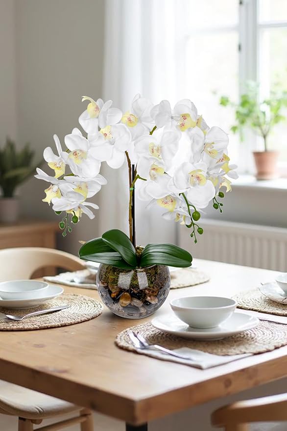 White Orchids Artificial Flowers 16.5" Faux Orchids Plant in Pot Fake Flower Arrangements with Glass Vases White Centerpieces for Kitchen Dining Room Tables Bathroom Nightstand Shelf Desk Decor