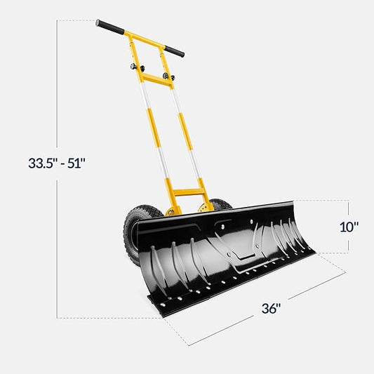 Best Choice Products 36in Galvanized Blade Heavy-Duty 2-Wheel Snow Pusher Hand Plow for Snow Removal w/Wheels, Adjustable Handle, Blade Angle - Yellow
