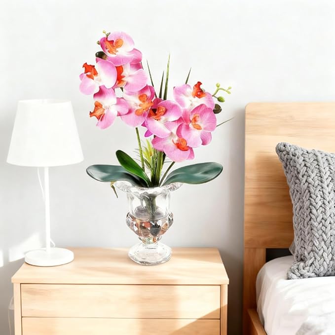 Jusdreen Artificial Purple Orchid Centerpiece, 14.5 Inch Phalaenopsis in Glass Vase with Potting for Home Office Table Decor, Realistic Orchid Arrangement