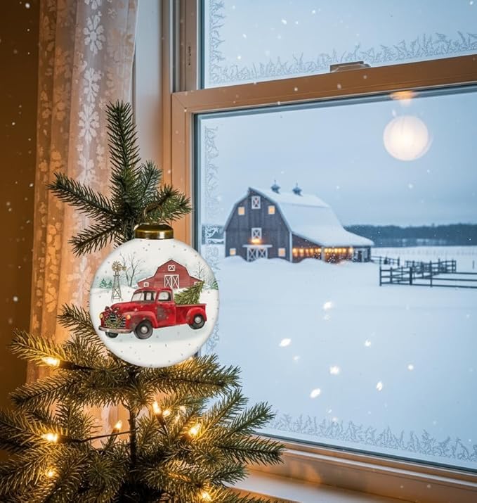 Red Truck Ornament with Tree and Barn – Farmhouse Christmas Decor –Hand-Painted Glass Vintage Red Truck Ornament for Christmas Tree