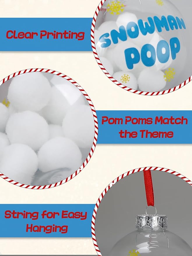 Funny Christmas Tree Ornaments for Adults 2025 - Snowman Poop Balls Unique Novelty Decorations, White Elephant Inappropriate Gag Gifts, 3.2" Dia. (2 Pack)