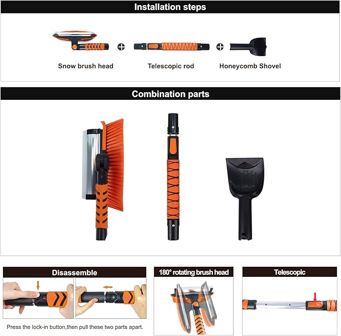 Eazy2hD 3 in 1 Snow Brush with Ice Scrapers, 43.31" Extendable Window Ice Removal with Squeegee for Windshield, 180° Pivoting Brush Head Cleaner Tool for Car, Auto, SUV, Truck