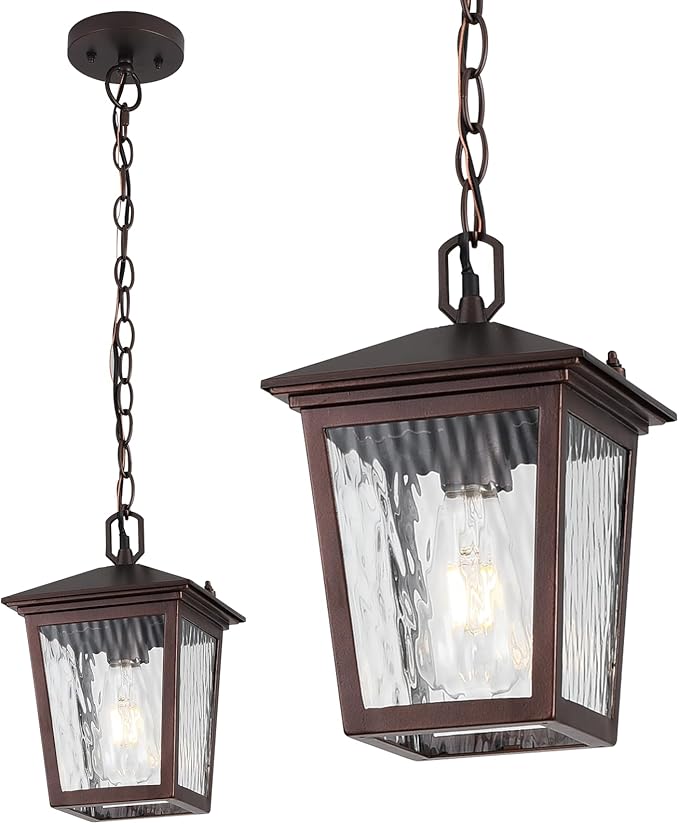 Outdoor Pendant Light, Brown Outdoor Porch Light fixtures with Anti-Rust, Coffee Exterior Hanging Lantern, Height Adjustable Outside Chandelier with Water Glass for House Patio Garage