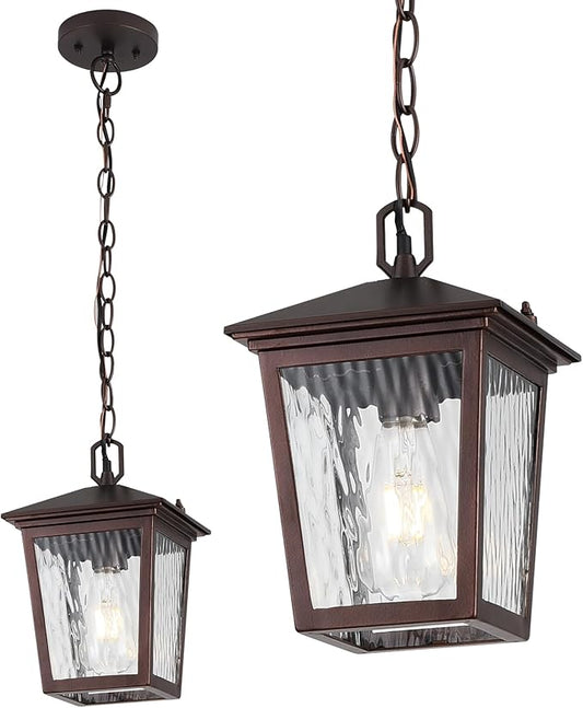 Outdoor Pendant Light, Brown Outdoor Porch Light fixtures with Anti-Rust, Coffee Exterior Hanging Lantern, Height Adjustable Outside Chandelier with Water Glass for House Patio Garage