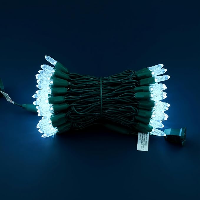 100 Cool White Faceted One-Piece LED Christmas Lights, 33 ft Green Cord High Waterproof UL Certified M6 Outdoor String Lights (Cool White)