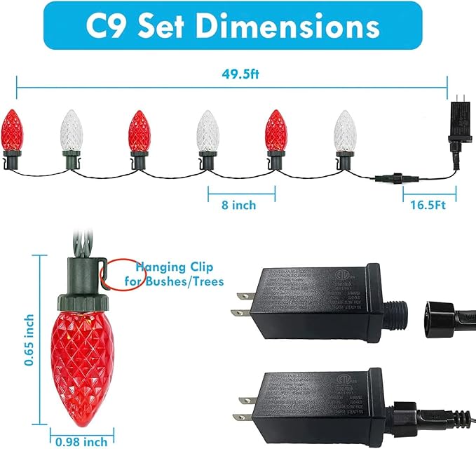 KAQ 2PK 100LED Red & Cool White C9 Christmas Lights Waterproof Indoor Outdoor, Extendable 98FT String Lights Plug in with 13 Lighting Modes, Christmas Decorations for Party Patio, Outside Yard Decor