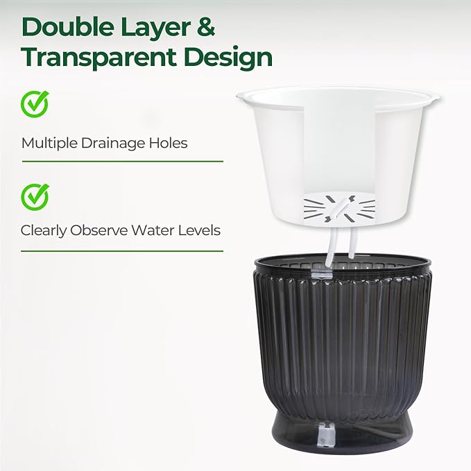 T4U 6 Inch Self Watering Pots for Indoor Plants, 4 Pack Self Watering Planter, Self Watering Pot with Reservoir, Small Self Watering Pots for Plants, African Violets (4 Pack, 6", Translucent Gray)