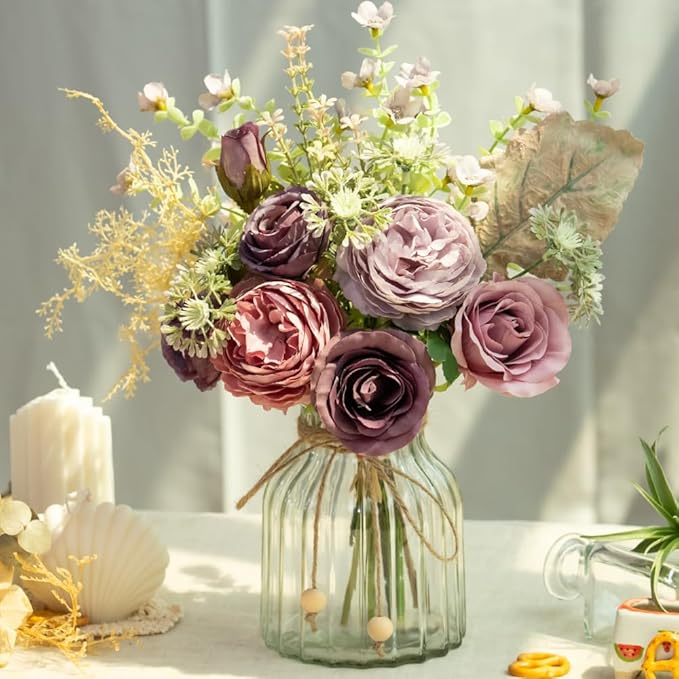 LESING Fake Artificial Flowers with Vase Faux Silk Flower Bouquet in Glass Vase Rose Floral Arrangements Flower for Home Office Decoration, Dining Table Centerpiece (Purple)
