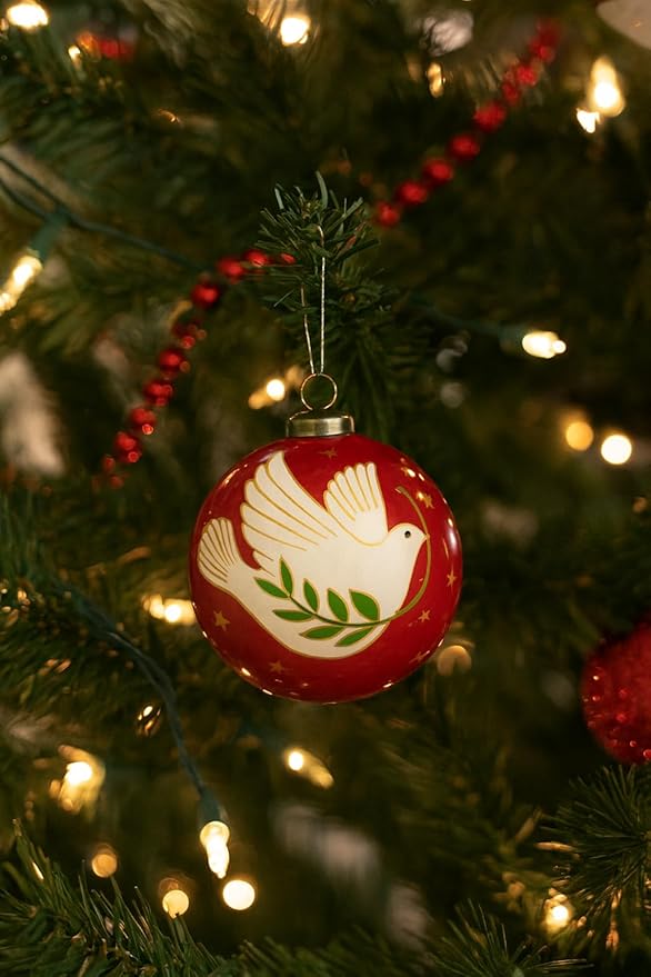 Peace on Earth Dove Ornament – Hand-Painted White Dove Christmas Ornament – Glass “Peace on Earth” Holiday Decoration – Dove Ornament for Christmas Tree – Inspirational Gift