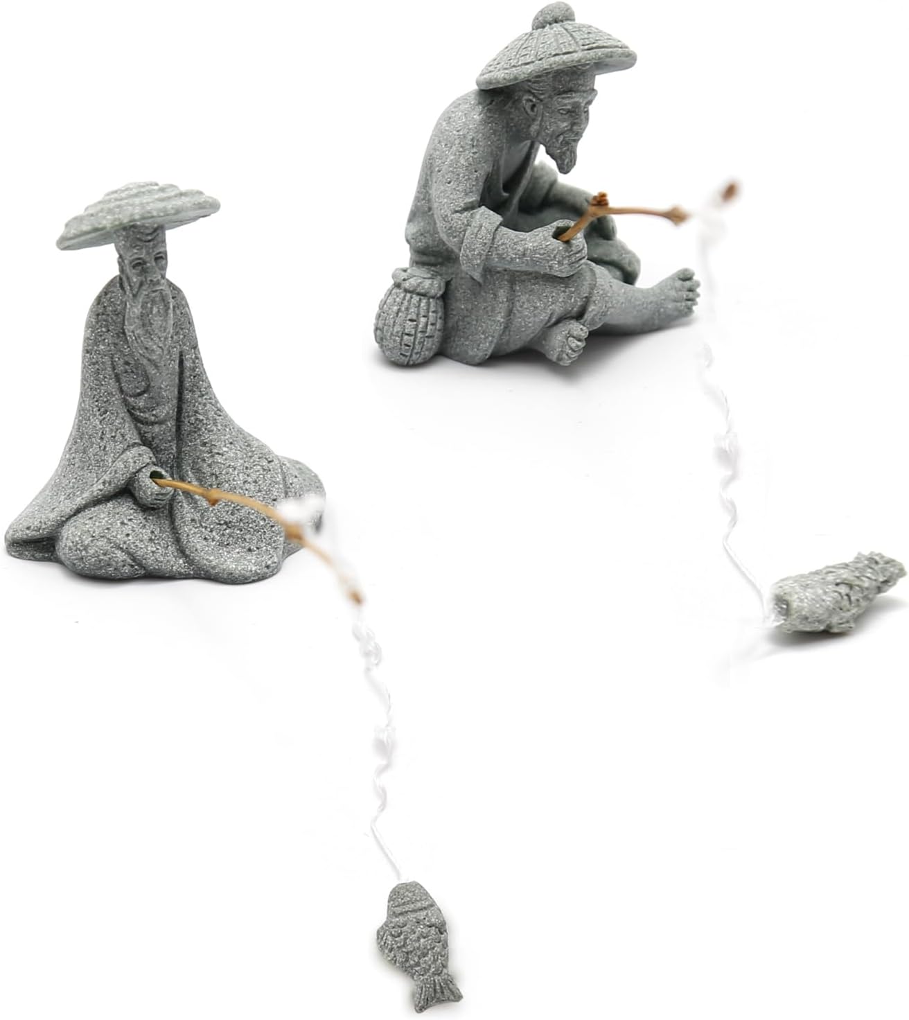 2PCS Mini Sitting Fishing Figurines Sandstone Vintage Ornament Japanese Decor for Fish Tank Pot Garden Home Aquarium Mini Fisherman Statue Asian Zen Decorations