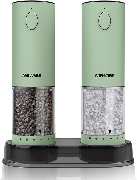 Electric Salt and Pepper Grinder Set Rechargeable with LED Lights, Automatic Pepper & Salt Mill, Adjustable Coarseness, Large Capacity, Green