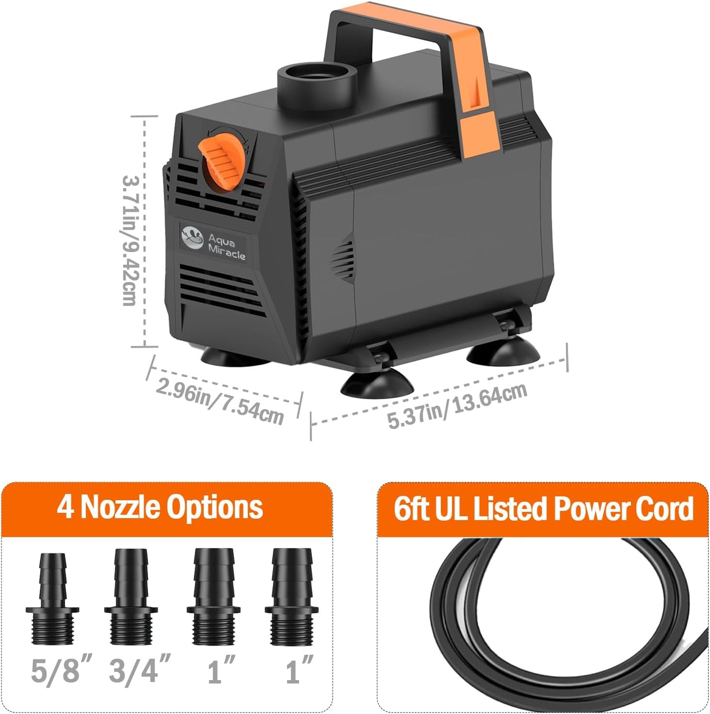 AquaMiracle 600GPH Aquarium Water Pumps (2270L/H, 35W) Fountain Pump Pond Pump Submersible Water Pump with Flow Control for Fountain, Waterfall, Statuary, Filtration, Water feature, Hydroponics