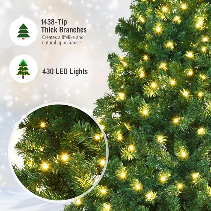COSTWAY 8 FT Prelit Christmas Tree, Artificial Christmas Tree with 1438PVC Branch Tips, 430 LED Lights, Folding Metal Stand, Easy Assembly, Full Hinged Fir Xmas Tree for Home Office Party Decoration