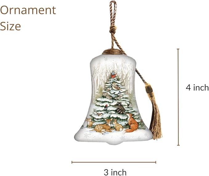 Hand-Painted Woodland Animal Christmas Bell Ornament – Reverse Painted Glass with Deer, Fox, Owl, Rabbits & Cardinal – Collectible Holiday Ornament with Gift Box