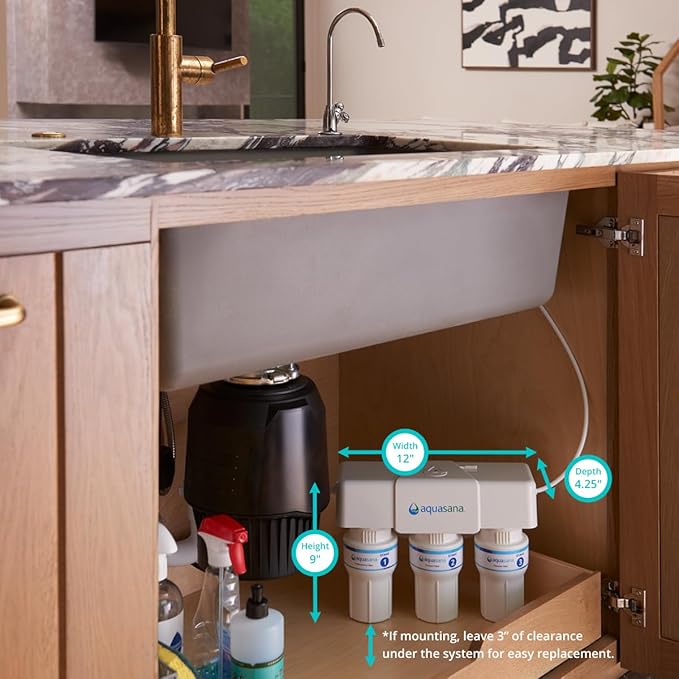 Aquasana Under Sink Water Filter | 3-Stage Filtration | Certified to Reduce up to 99.99% of PFAS, Lead, Chlorine, & More | Under Counter Drinking Water Filter | Brushed Nickel Faucet | AQ-6300-BN