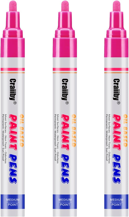 Pink Paint Markers, 3 Pack Oil-Based Waterproof Quick Dry Permanent Paint Pen Set for Rocks Painting, Wood, Fabric, Plastic, Canvas, Glass, Mugs, Metal, Tire, Stone, DIY Craft