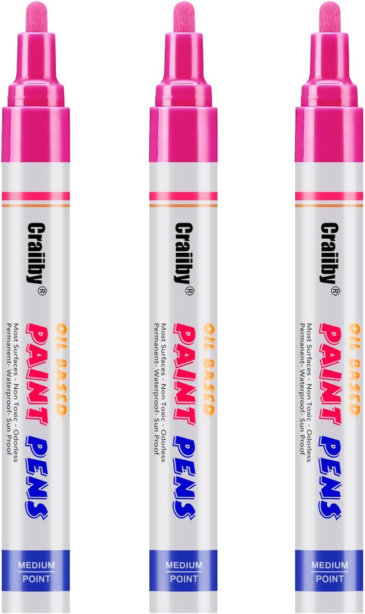 Pink Paint Markers, 3 Pack Oil-Based Waterproof Quick Dry Permanent Paint Pen Set for Rocks Painting, Wood, Fabric, Plastic, Canvas, Glass, Mugs, Metal, Tire, Stone, DIY Craft