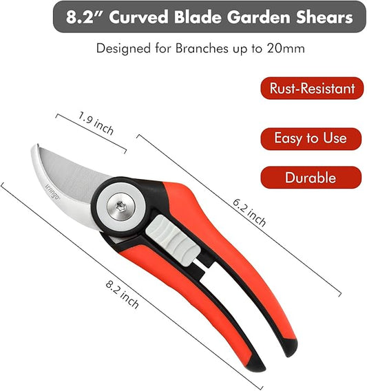 LIVINGO Bypass Pruning Shears - 8.2" Heavy Duty Garden Clippers with Curved Blades, Sharp Plant Scissors for Branches, Bushes & Shrubs, Ergonomic Handles, Spring Action