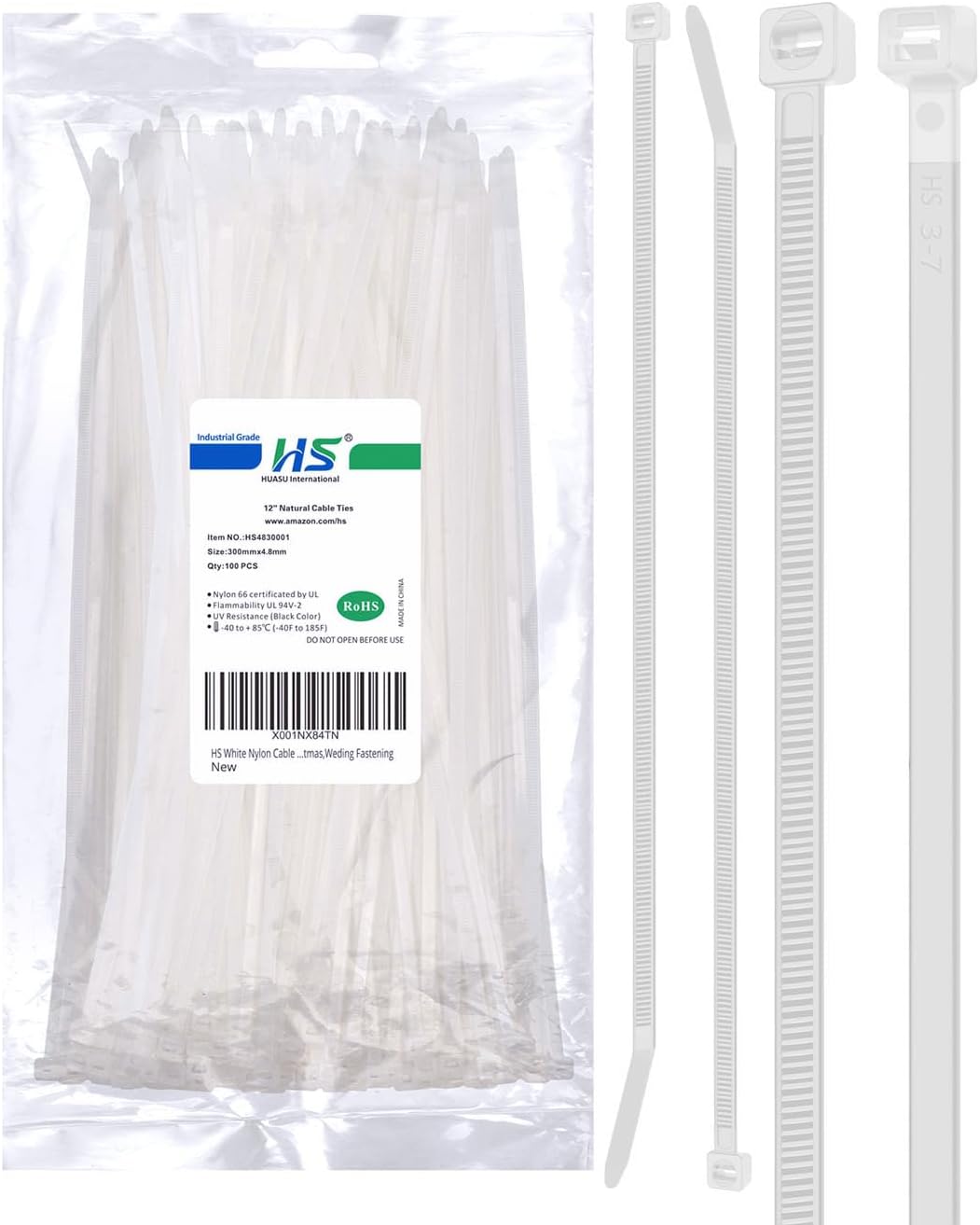 HS Long Zip Ties 12 Inch Clear 0.19" Nylon Cable Ties Heavy Duty 50 Lbs Strength Strong for Privacy Fence Outdoor,Electrical Plastic Tie Straps Weather Resistant 100 Pcs White