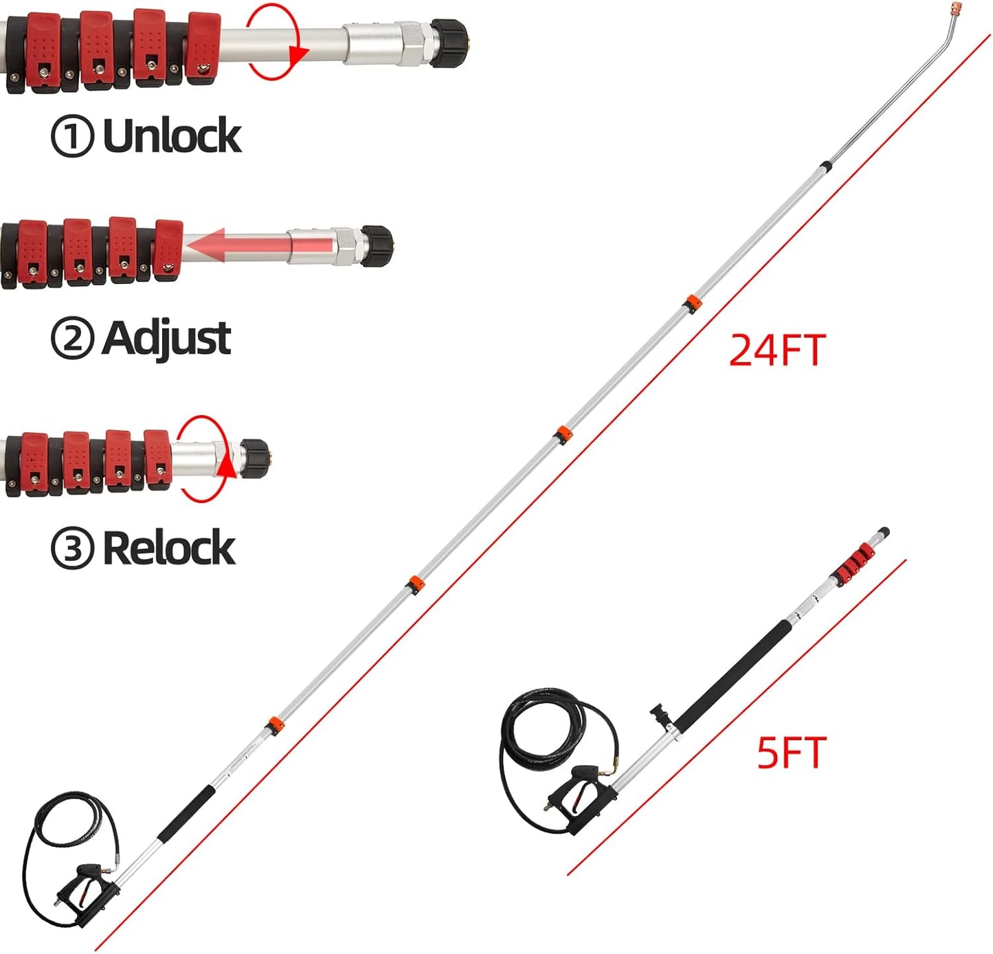 Tecoloy 24 FT Telescoping Pressure Washer Wand with Power Washer Extension Wand, Support Belt, Gutter Cleaner Attachment, 5 Spray Nozzle Tips and 2 Hose Inlet Adapters