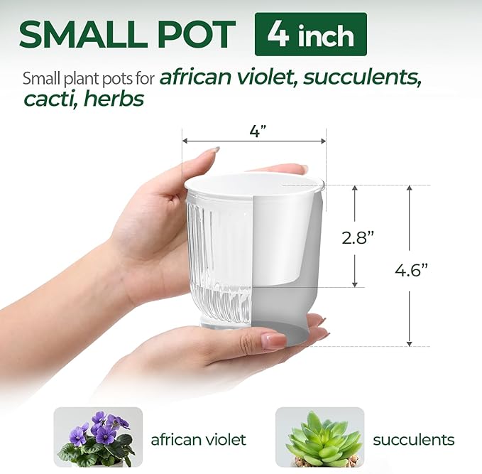 T4U 4 Inch Self Watering Plant Pot, 4 Pack Self Watering Pots, Self Watering Planter with Reservoir, Clear Self Watering Pots for Indoor Plants, African Violets, Flowers (4 Pack, 4", Clear)