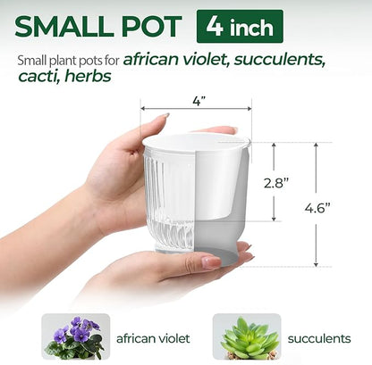 T4U 4 Inch Self Watering Plant Pot, 4 Pack Self Watering Pots, Self Watering Planter with Reservoir, Clear Self Watering Pots for Indoor Plants, African Violets, Flowers (4 Pack, 4", Clear)