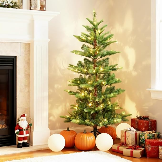 4FT Prelit Artificial Christmas Tree, Premium Douglas Fir Christmas Tree with 100 Warm White Lights & 298 Branch Tips, PE & PVC Pre Lit Hinged Xmas Trees with Metal Base for Party, Holiday Decoration