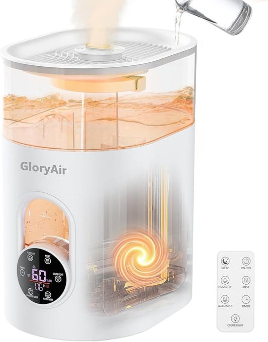 Humidifiers for Bedroom Large Room Home - GloryAir 6L Quiet Top Fill Cool & Warm Mist Humidifier with Smart Humidity Control, Remote Control, 7-Color Light, Humidistat, Oil Diffuser for Plants & Baby