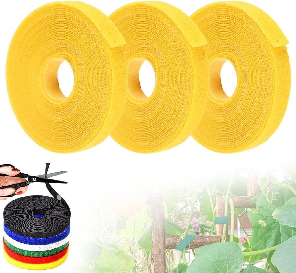 Reusable Plant Ties Tape for Climbing Plants, Garden Ties Tomato Plant Supports, Adjustable Garden Twine & Twist Ties Plant Ties for Outdoor Indoor Plants Stakes Gardening Supplies (Yellow, 3 Rolls)