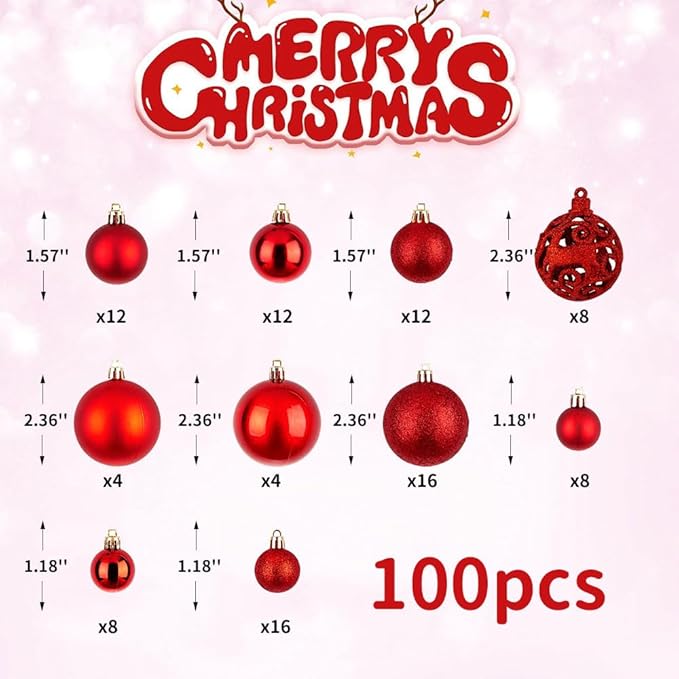 Christmas Ball Ornaments for Tree,Shatterproof Plastic Holiday Baubles Set in Assorted Sizes and Finishes, Christmas Tree Decorations for Home, Office, Party, Indoor Outdoor Use (100PCS, Red)