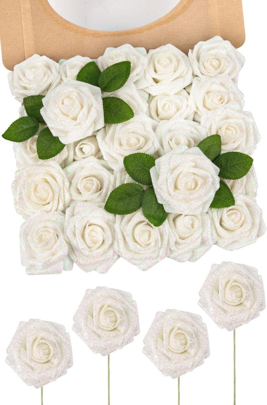 N&T NIETING Artificial Flowers Glitter Roses Flowers 25pcs White Foam Shiny Roses Real Looking Fake Roses with Stem for DIY Wedding Bouquets Centerpieces Bridal Shower Party Home Decorations